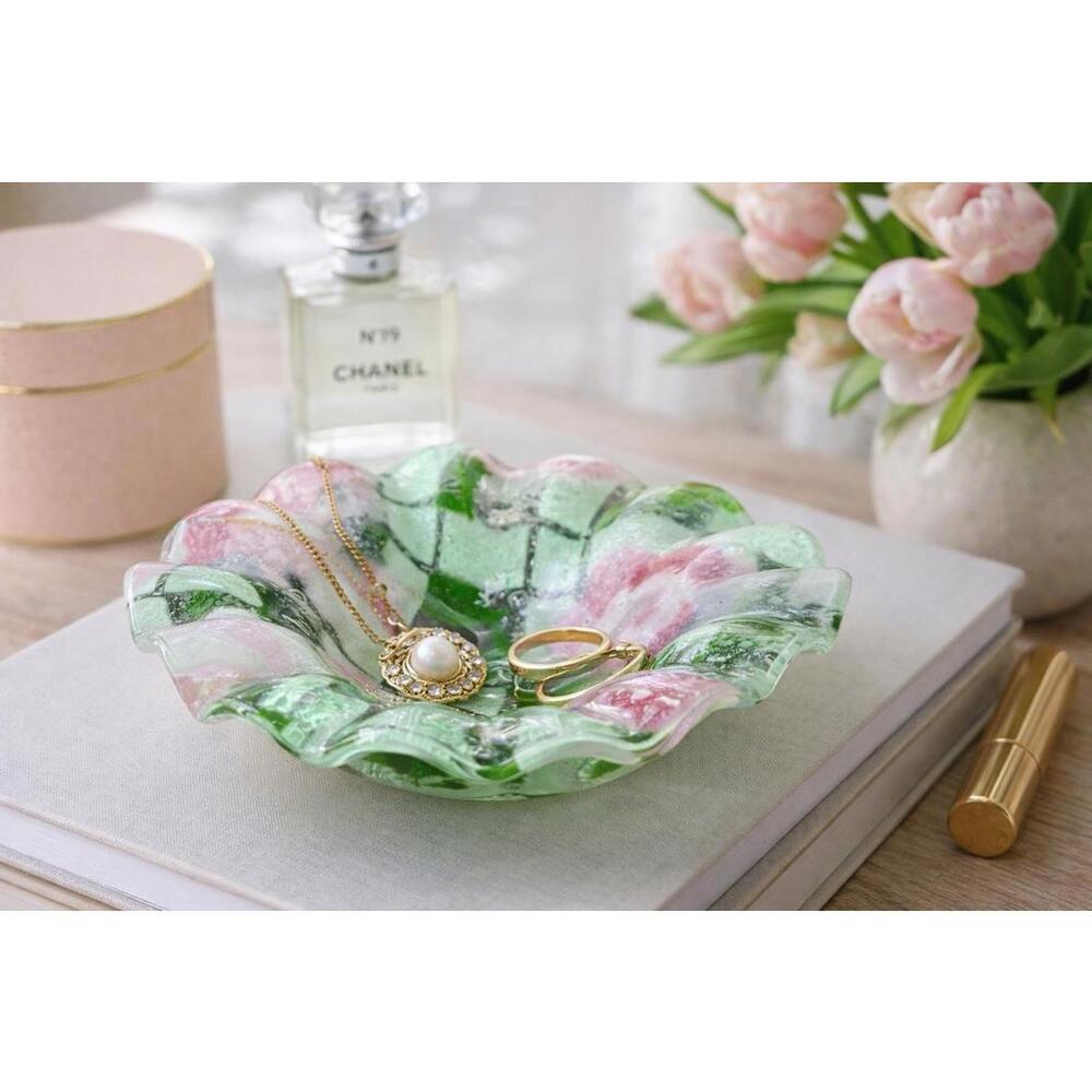 Sydenstricker USA 1990s Hand-Blown Pink & Green Art Glass Ruffled Dish, 6x2”